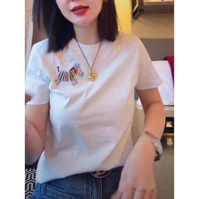 

Spring New Color Pony Embroidered Pure Cotton Short-sleeved T-shirt for Women Simple and Fashionable Versatile Slim Round Neck L білий