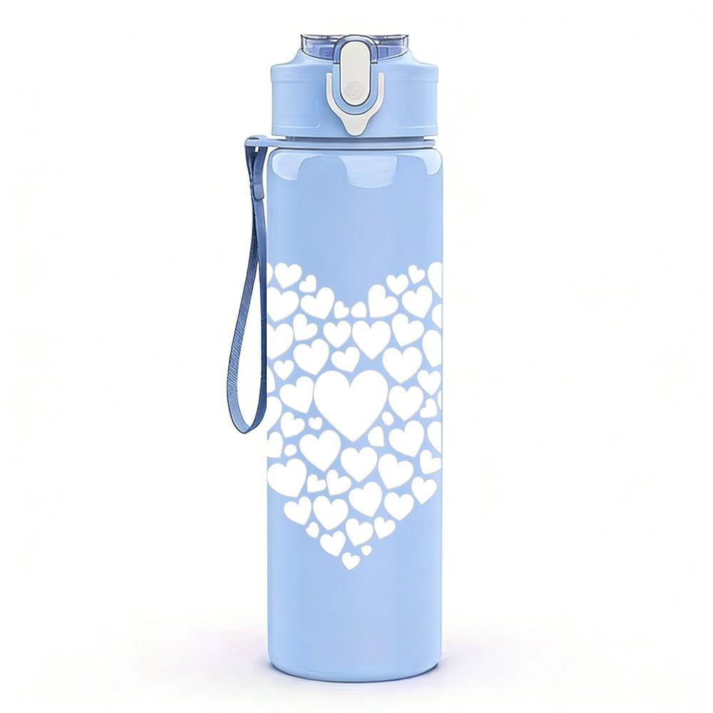 1PC Plain White Hollow Heart Line Print 750ml Color Plastic Sports Water Bottle Leakproof Flip Straw Lid Suitable for Sports Office Home Use