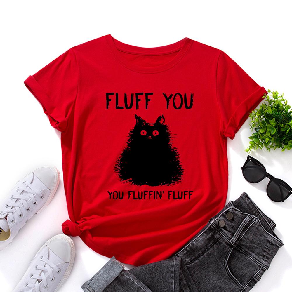 Women's Line Cat Print Loose Round Neck Short Sleeved T-shirt for Women Shirt