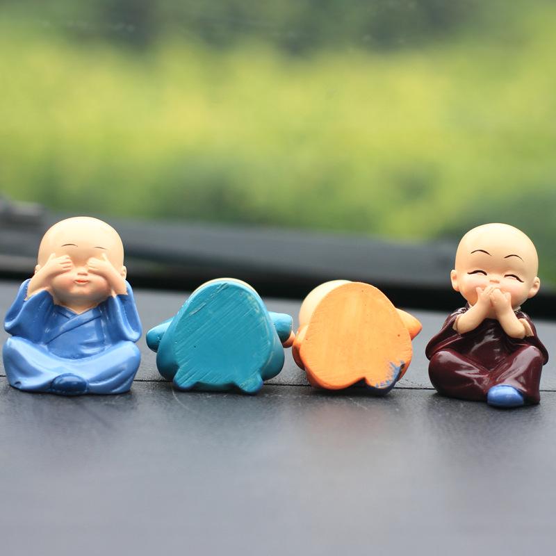 Straw Hat Monk Swinging Desk & Car Ornament - Set of 4 Bald Novice Figurines
