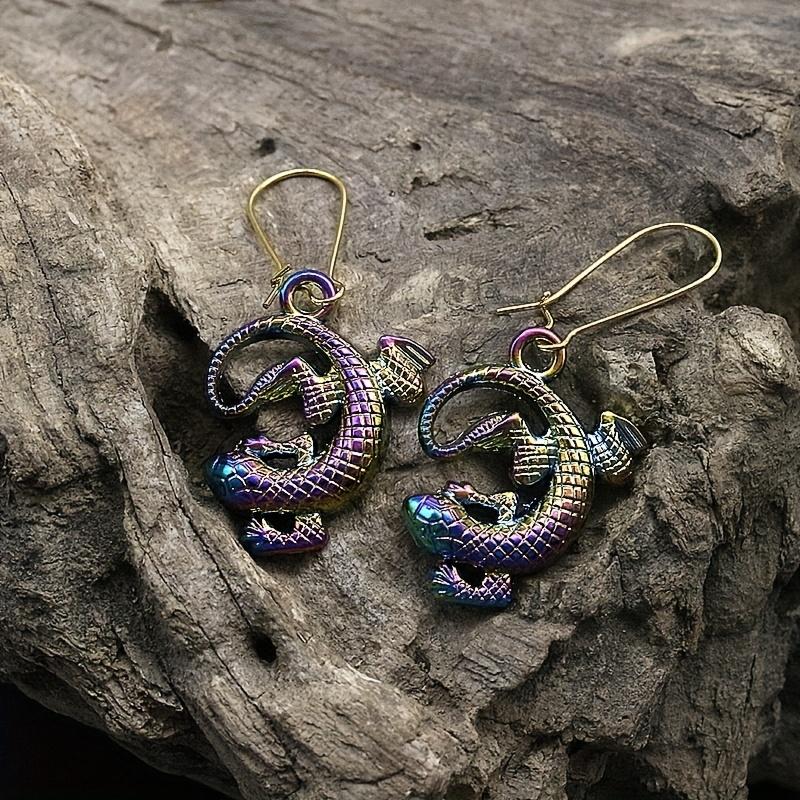 Colorful Pentagram Pattern Lizard And Wing Dangle Earrings Goth Punk Style Alloy Jewelry Creative Female Gift Perfect For Causal Decor