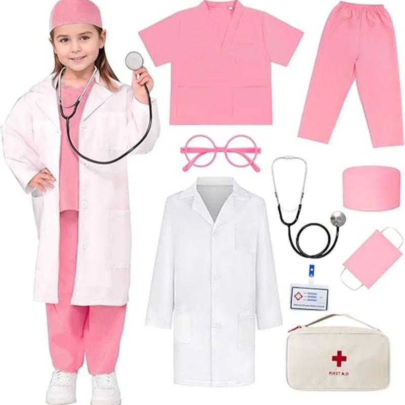 Kids Top+Pants+Coat+Accessories 9PCS Suits With Real Stethoscope For Kids Scrubs Halloween Costume Girls Boys Doctor Dress Up