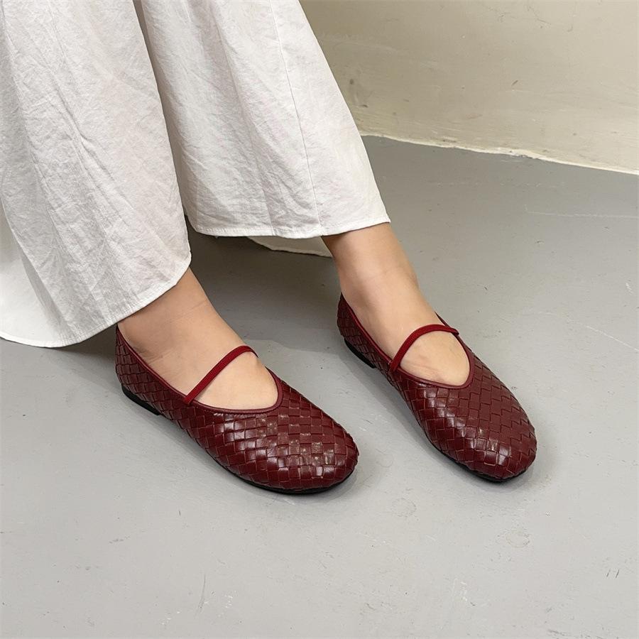 Johnature Retro-Schuhe aus handgefertigtem Echtleder mit Webmuster, flache, runde Zehenpartie, weiche Sohle, Damen-Schlupfschuhe