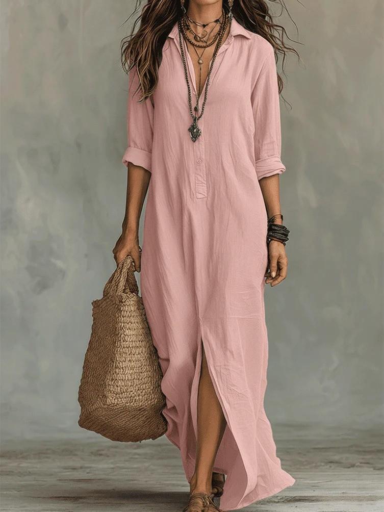 2026 Spring Summer Women Linen Cotton Shirt Maxi Dress Lapel Half Button Front Slit Loose Long Vacation Dress S-5XL Plus Size Casual Beach Sundress