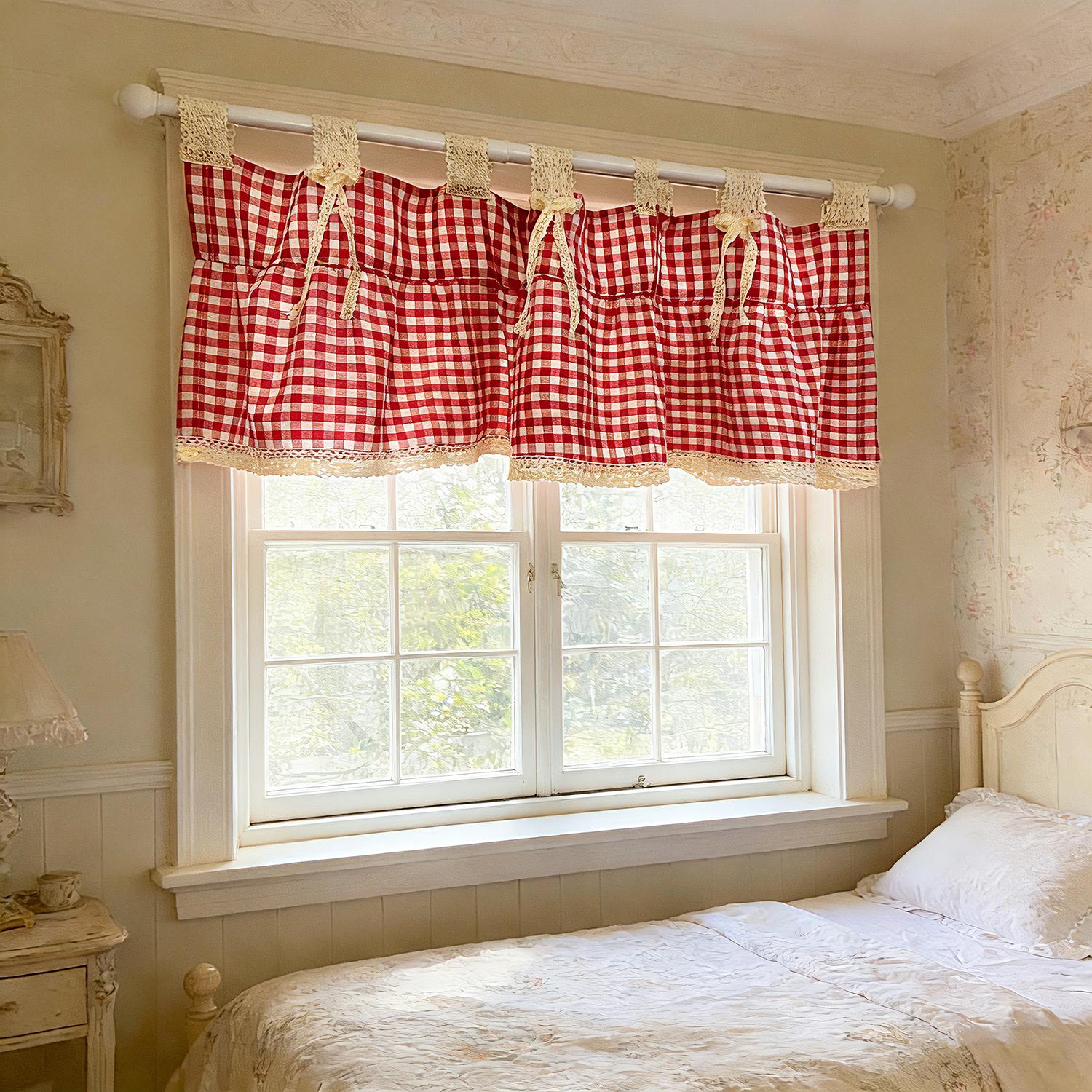 1 ST Classic Rood Geruit Kant Kort Gordijn voor Klein Raam Keukenkastje Gordijn Huisdecoratie Lus Top W100CM X H45CM(1PC)&Tab Top rood