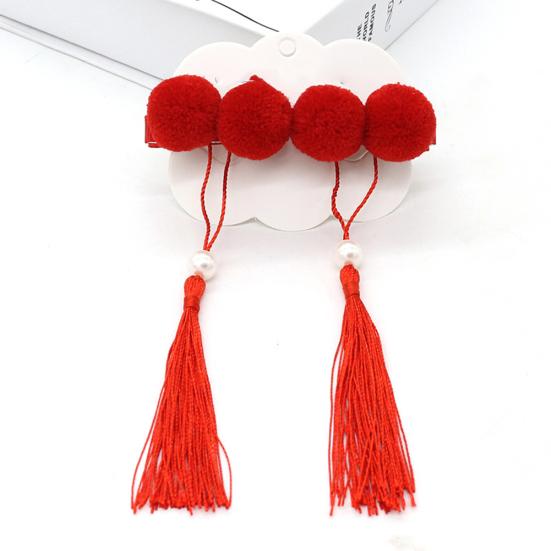 1Pair Chinese Style Kid Girl Pompom Fan Tassel Hairpins Hair Clips Accessories