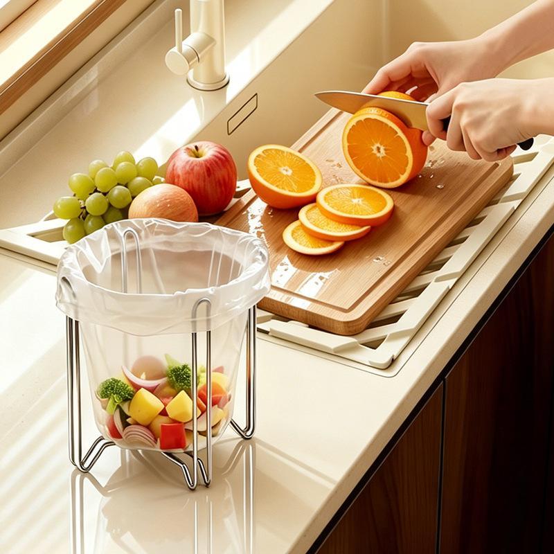 Stainless Steel Garbage Bag Holder Folding Kitchen Trash Bag Rack Space Saving Countertop Waste Organizer Stand Home Storage