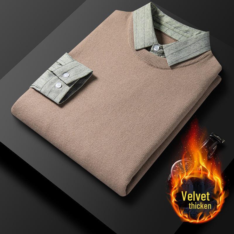 Pulover Bărbați Două în Unu cu Guler de Cămașă, Top Casual Tricotat Primăvară/Toamnă 2025