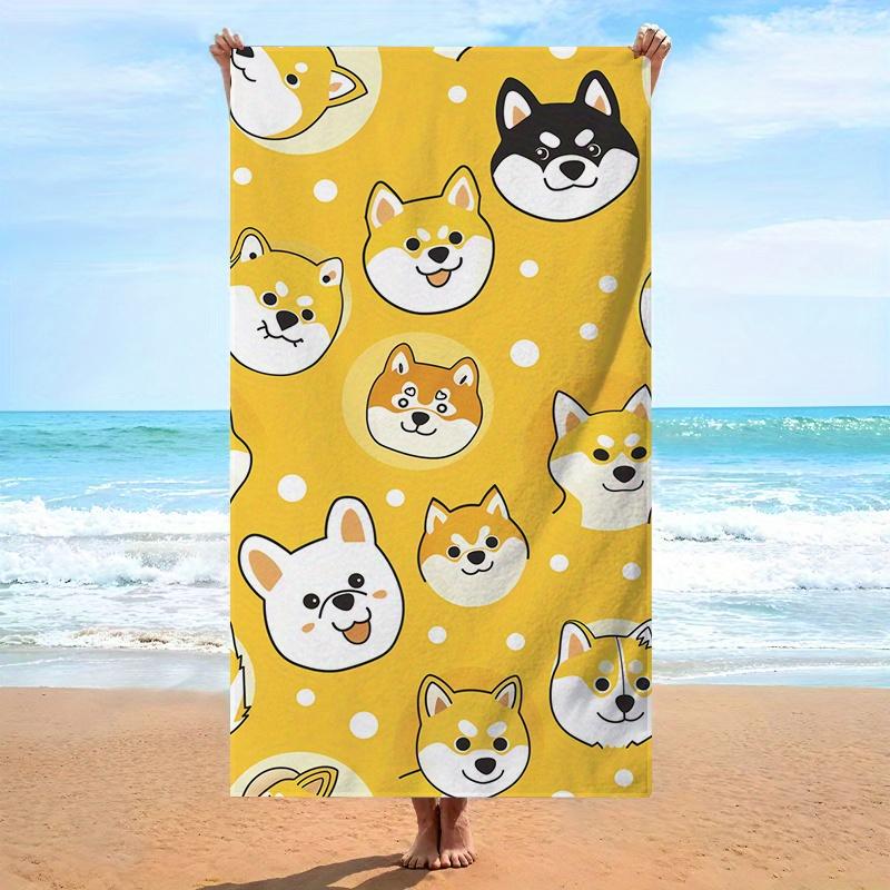 1pc Shiba Inu Dog Face Beach Towel - Yellow with White Polka Dots, Playful Cartoon Design, Soft Microfiber Fabric, Oversized