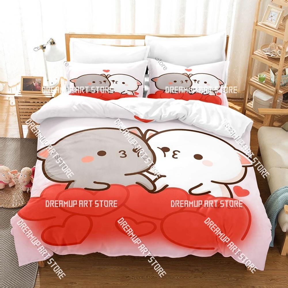 Fashion Adorable Peach And Goma Cat Bedding Set Single Twin Full Queen King Size Bed Set Kids Bedroom Duvetcover Sets Bed
