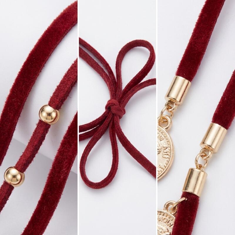 Retro Red Velvet Long Bowknot Necklaces for Women Ladies Gold Color Portrait Coin Pendant Necklaces Sweater Chains Jewelry Gift