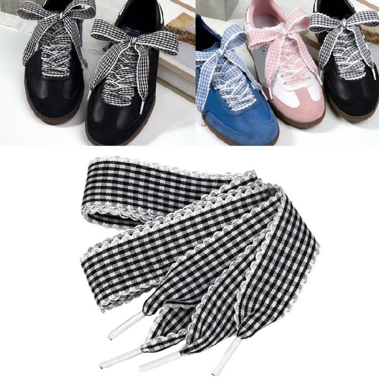 Gingham Ribbon Shoelaces with Lace Trim for Trainers and Canvas Pairs, Flat Decorative Laces for Daily Styling