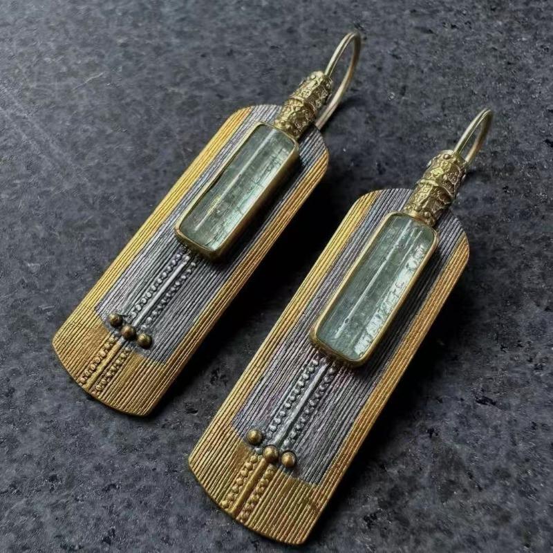 Kolczyki w stylu vintage etnicznym z inkrustowanym zielonym kamieniem, geometryczna kreatywność, kolor srebrny, wiszące kolczyki dla kobiet, biżuteria