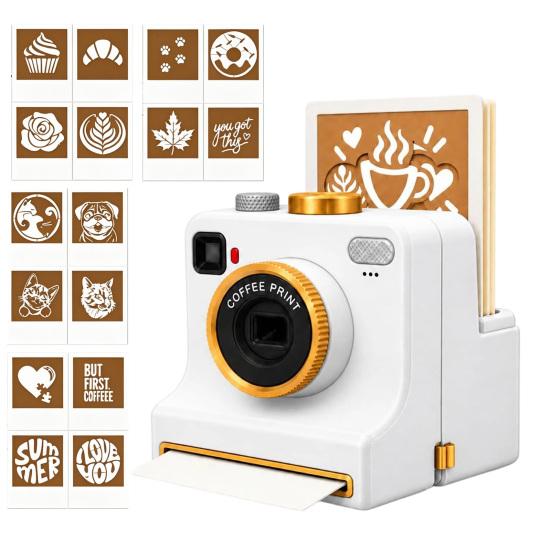 Kamera na Latte Art 3D Tlačená Kamera, Manuálna Tlačiareň Kávového Prášku so Šablónami pre Baristu, Stroj na Šablóny z kakaa a škorice pre Cappuccino Horúce B biela