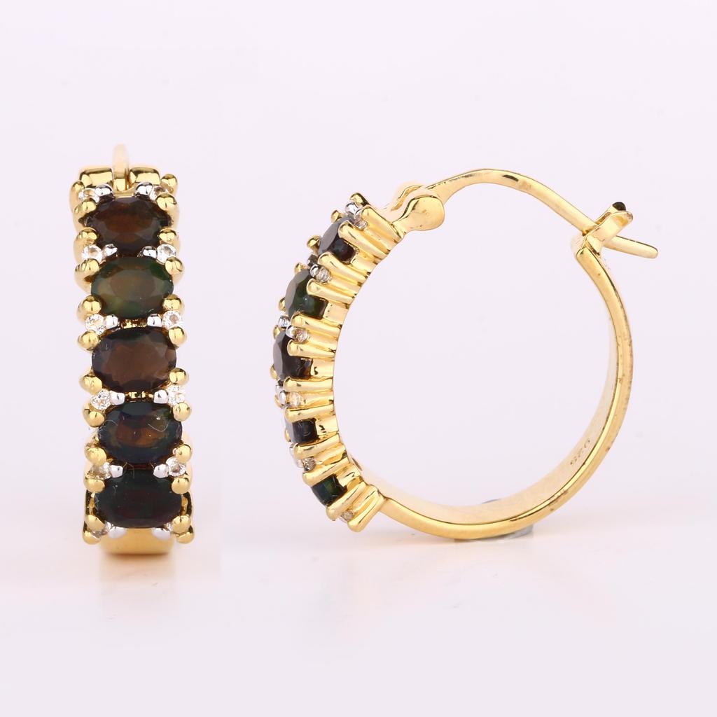 Black Ethiopian Opal & White Topaz Earrings 925 Silver Gold Plated