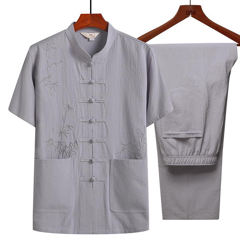 Costum Tang din bumbac-in cu mânecă scurtă pentru bărbați de vârstă mijlocie și în vârstă - Stil chinezesc Hanfu de vară