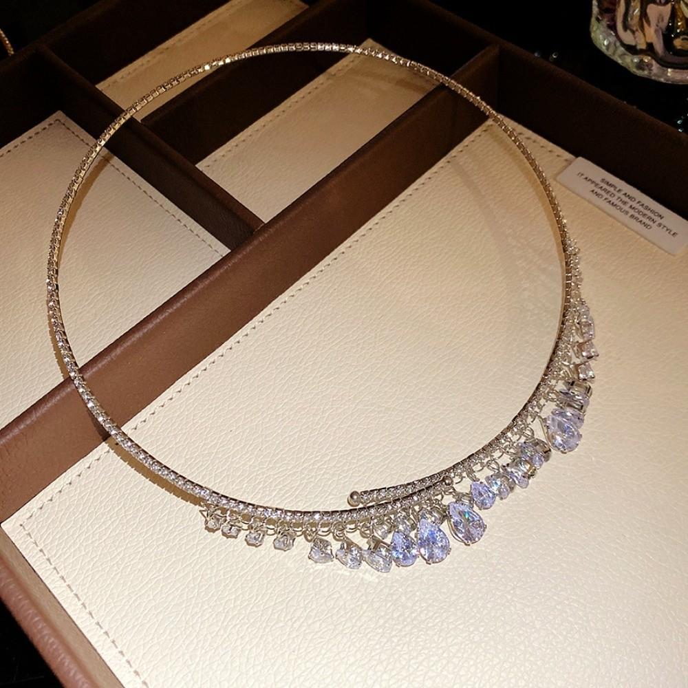 Elegant Bridal Tassel Necklaces Shining Neck Chain Choker Water Drop Rhinestone Jewelry  Wedding StyleB Silver