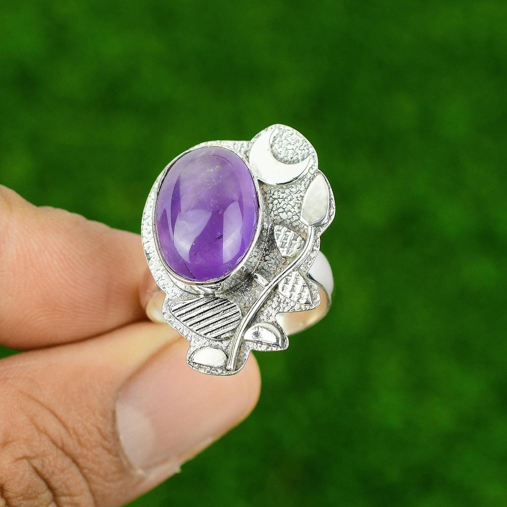 African Amethyst Gemstone Birthday Statement Ring Jewelry 925 Sterling Silver