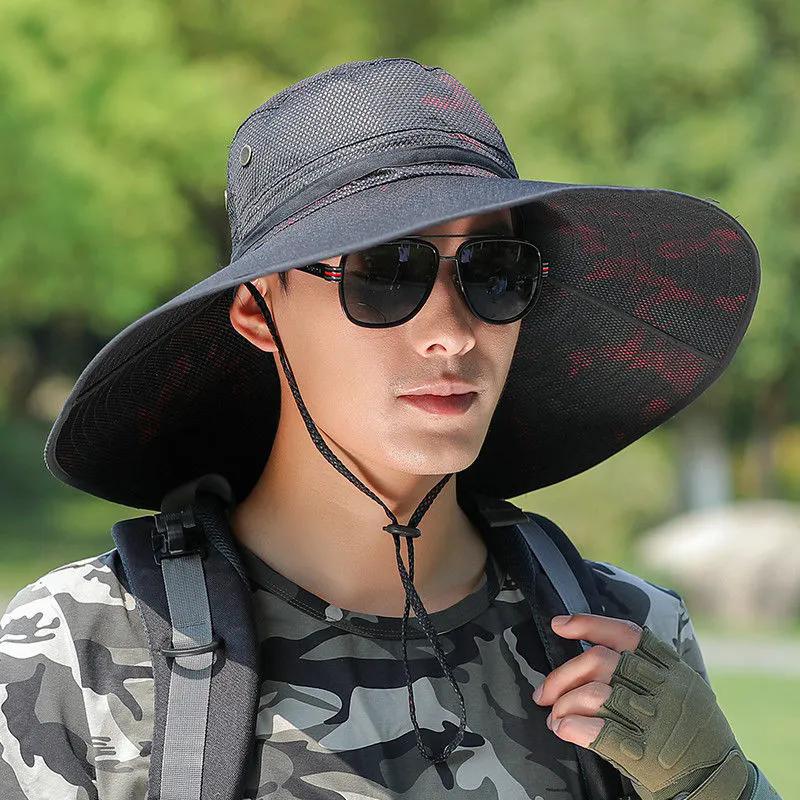 WTEMPO Printed Mesh Patchwork Sun Hats Sun Protection Outdoor Large Brim Sunscreen Hats Summer Men's Travel Hiking Hats
