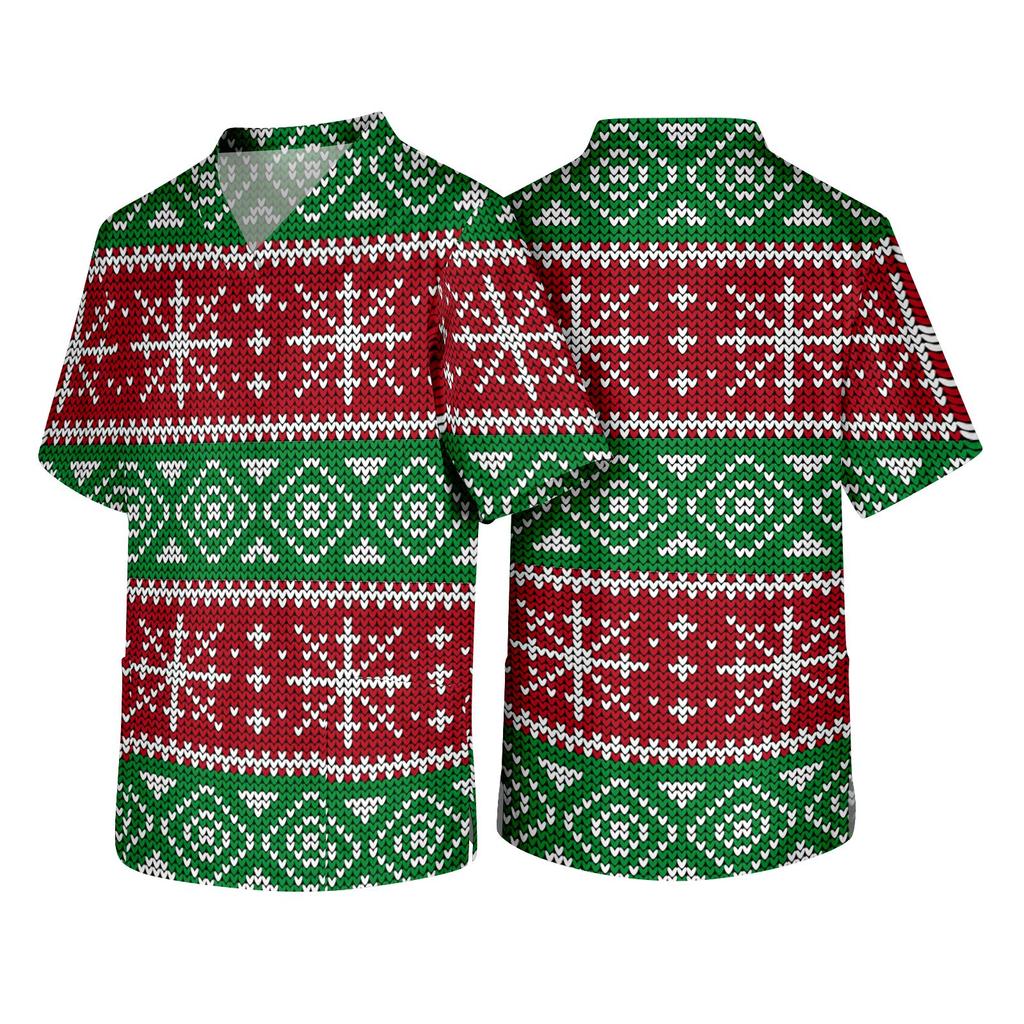 Men's Christmas Theme Caregiver Uniform, Holiday Scrub Top for Nurses and Workers