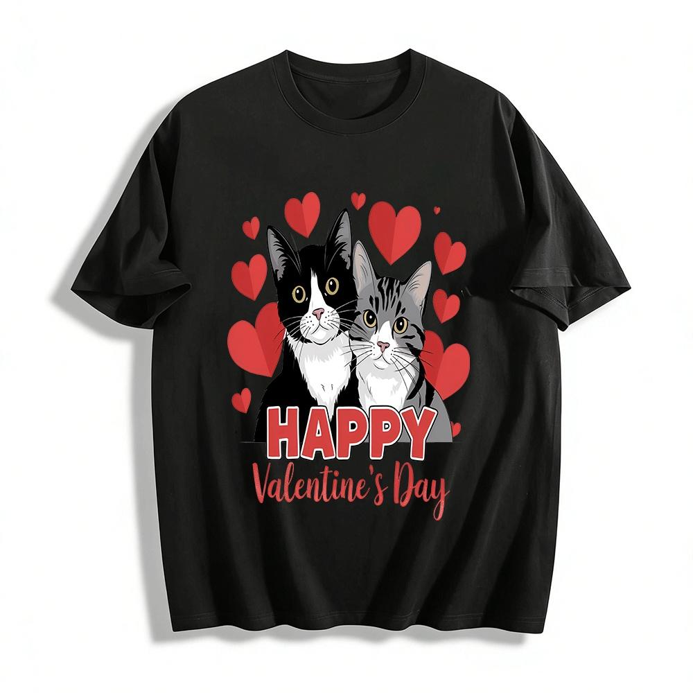 Happy Valentine s Day Cute Cat Heart Print Couple Casual Tops Pure cotton T-shirt XXS