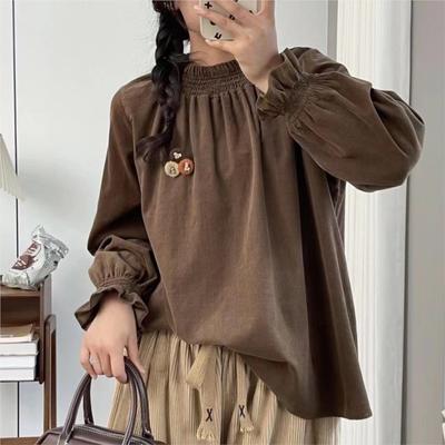Casual Elasticated Corduroy Top Women Japanese Forest Balloon Sleeve Shirt Autumn Winter