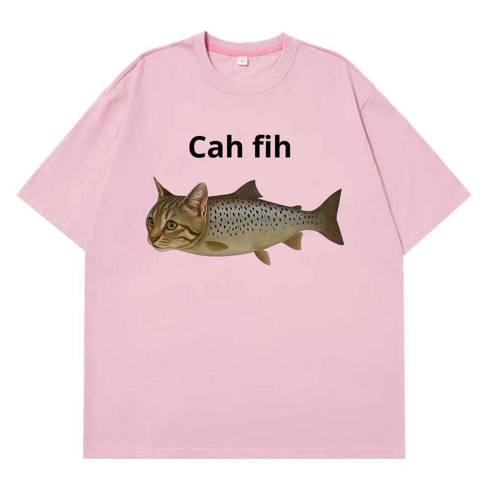 Cah Fih TShirt Fih Funny Mispelled Fish Meme T Shirt Cat And Fish Graphic Humor Tshirt Casual Short Sleeve Clothes Graphic Y2k 3XL