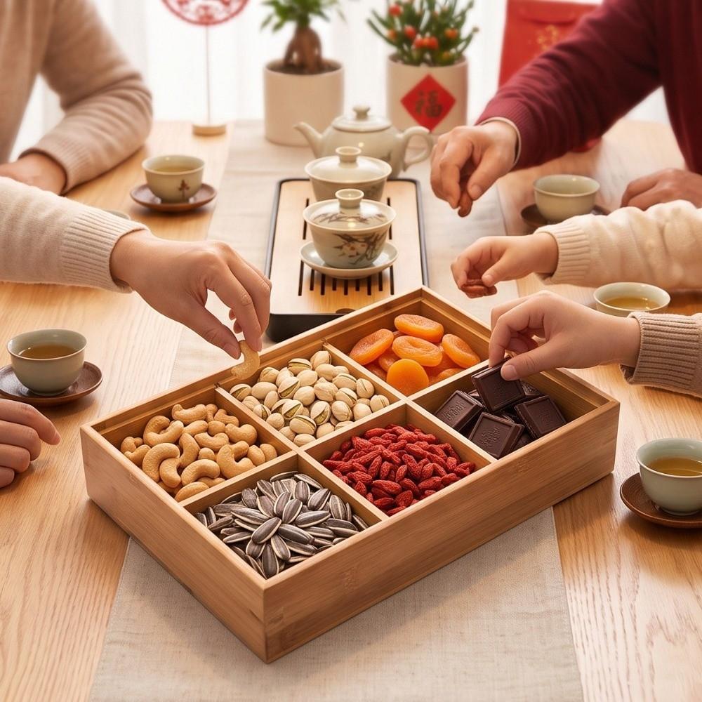 Bamboo Divided Nut Tray 6 Grid Lidded Dried Fruit Container  Festive Food Display