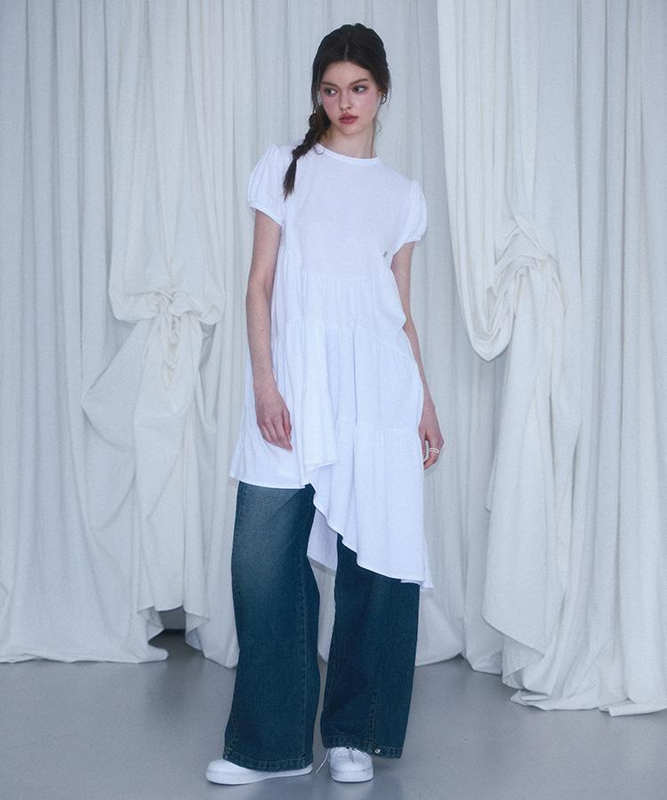 ROSEFRANTZ Unbalance Shirring Mini Dress [White]