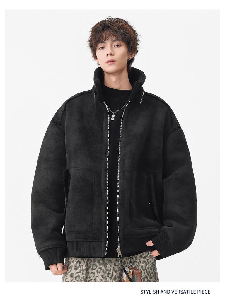 Mu Yuan Men's 2025 Winter Shearling Cotton Stand Collar Vintage Streetwear Jacket