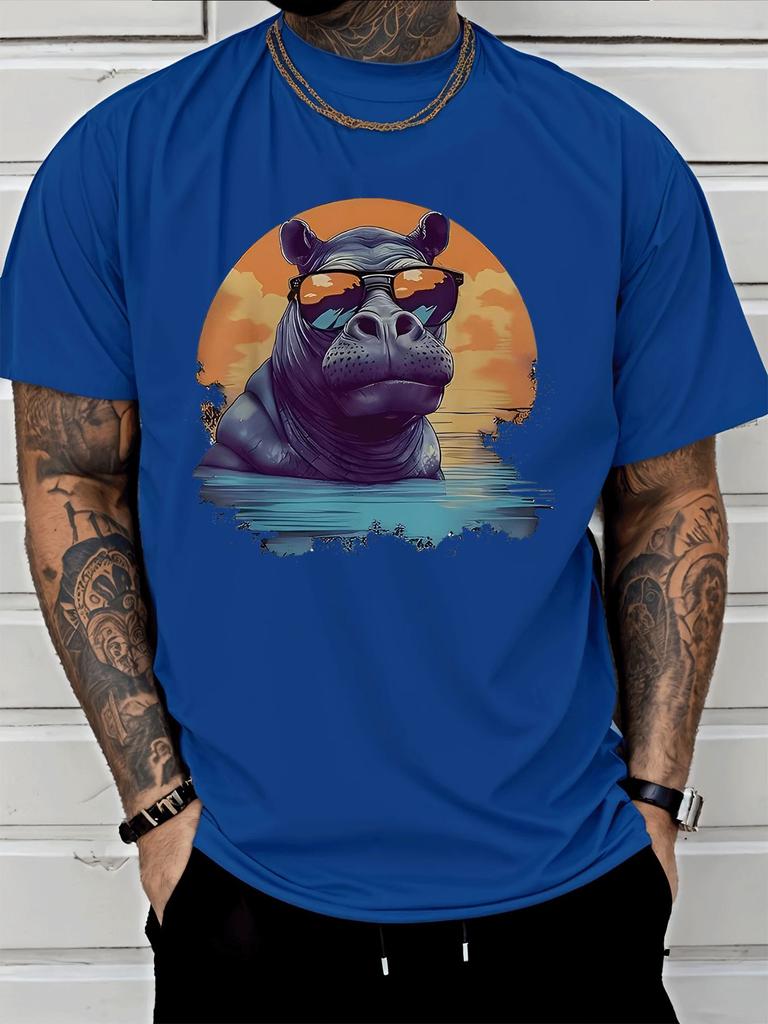 Cool Sunglasses Hippo Sunset Lake Scenery Graphic Unisexs Cotton Crew Neck Tee Short Sleeve Loose Casual Daily Street Male Wear Top