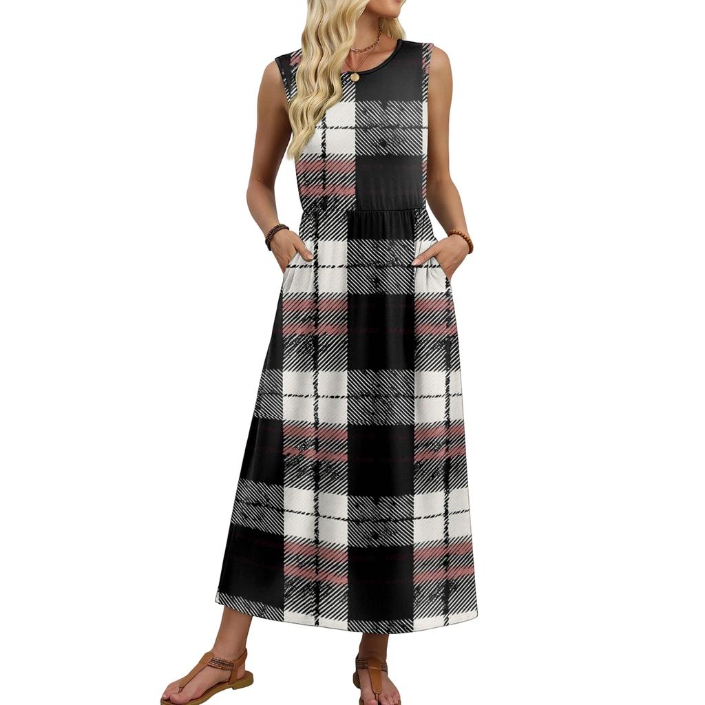 Ladies' Plaid Printed Casual and Fashionable Waist Cinched Sleeveless Dress