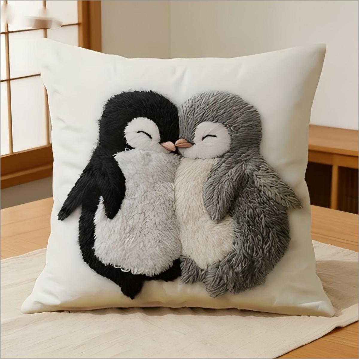 Exquisite Ornaments Unisex Cute Hugs Penguins Pillow Cover 2D Style Fluffy Penguin Couple Print Cushion Case For Sofa Couch Cozy Home Decor
