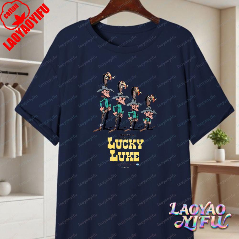 Lucky Luke Vollbesetzung Druck Lässige Oberteile Verspieltes West-Cartoon Baumwoll-T-Shirt Lustiges Vintage Klassisches Anime-Shirt Trend Unisex Kleidung