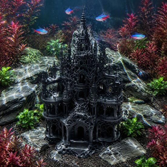 Netoxická Jeskyně pro Akvárium Gotický Hrad Úkryt pro Akvárium, 3D Tištěná Jeskyně pro Úkryt Betty, Styl Ornament Ornament, Dekorativní Úkryt z Korálu pro Malé