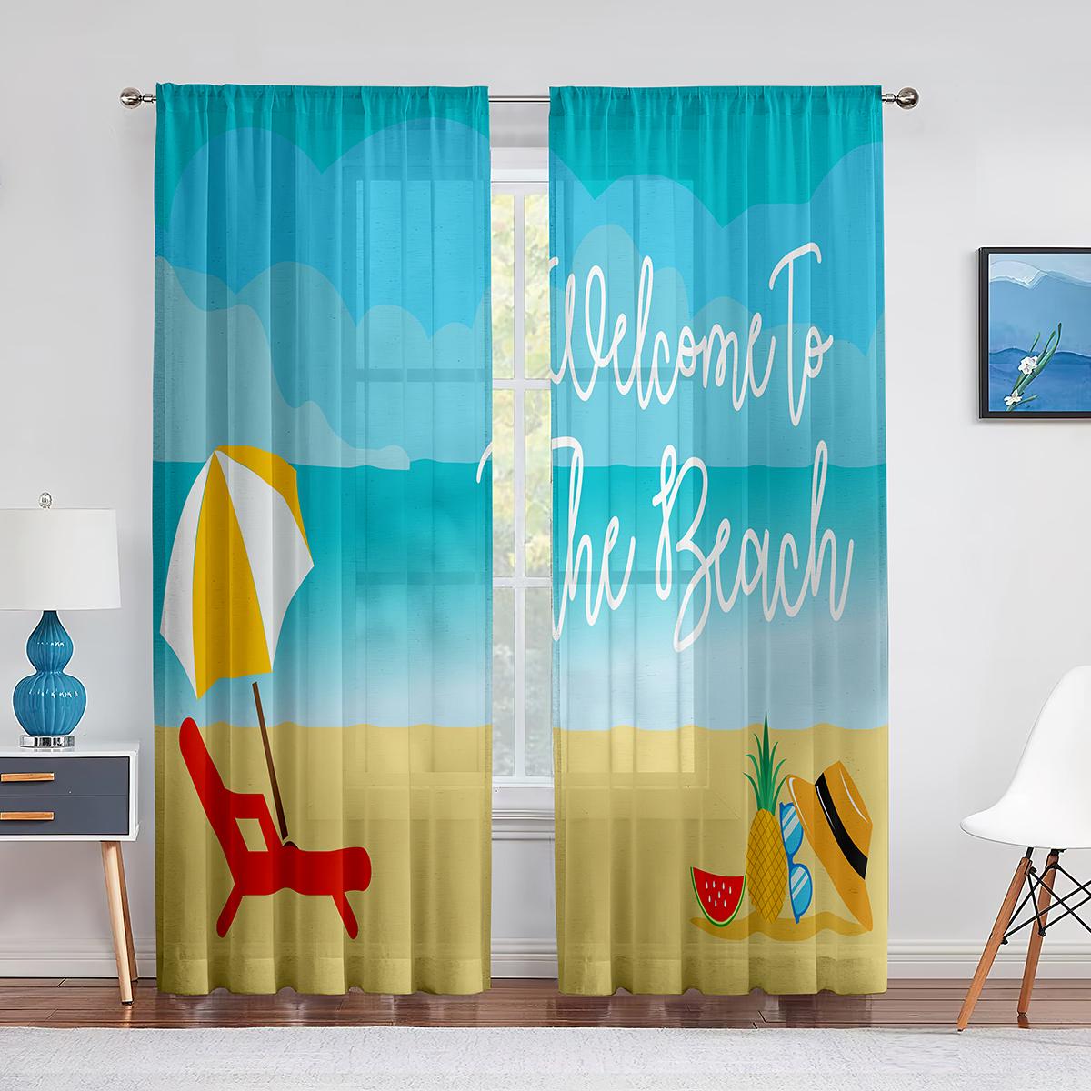 

Океан Лето Пляж Солнечный Свет Морская вода Тюль В Прозрачных Шторах Для Гостиной Спальни Кухни Оконная Обработка Шифоновая Штора 1 PCS W100XH250cm&Grommet Top