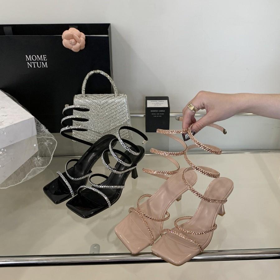 Cool Slippers with Open Toes Sexy Summer Fashion Rhinestone Square Head Wear High Heels Wind Word Fairy Sandals French