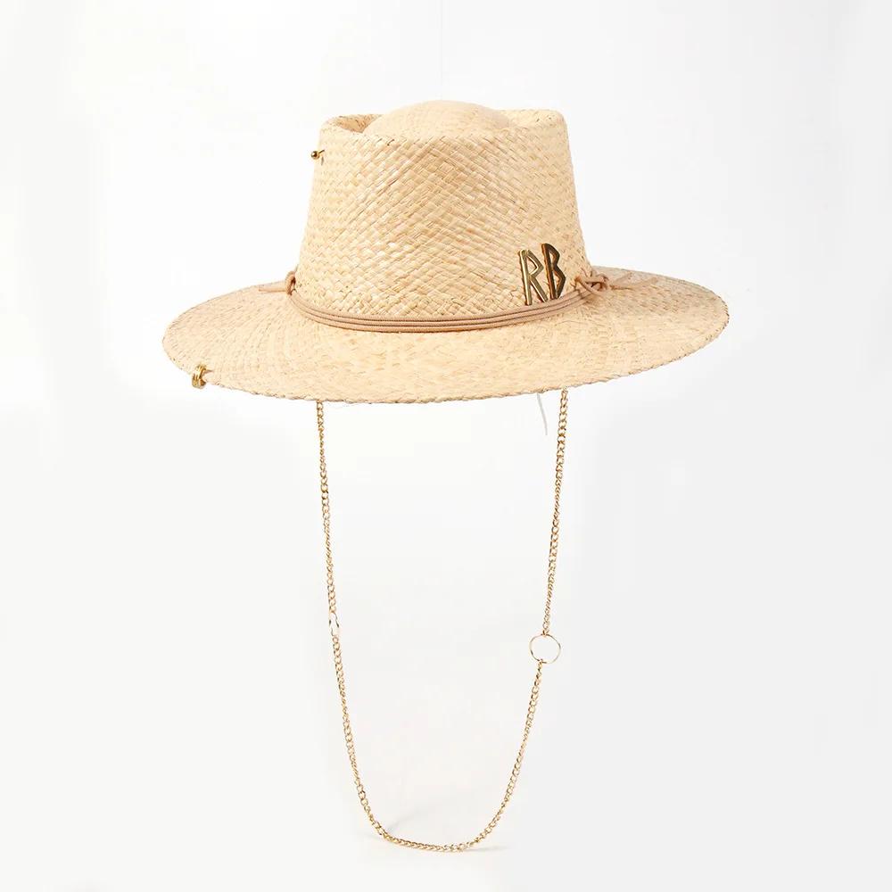 Wide Brim Straw Hat with Chain Strap UV Protection Lightweight Breathable Vintage Outdoor Beach Vacation Summer Hat