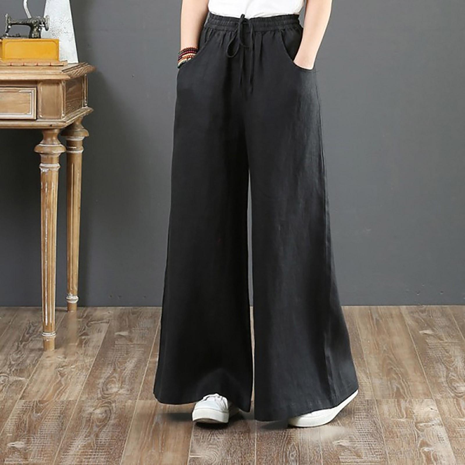 Women s Fashion Trousers High Waist Wash Wide Leg Color Pants L чёрный