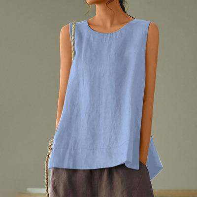 Female Summer Oversized Solid Color Retro Casual Cotton Linen Solid Color Sleeveless Round Neck Soft and Breathable Top Vest