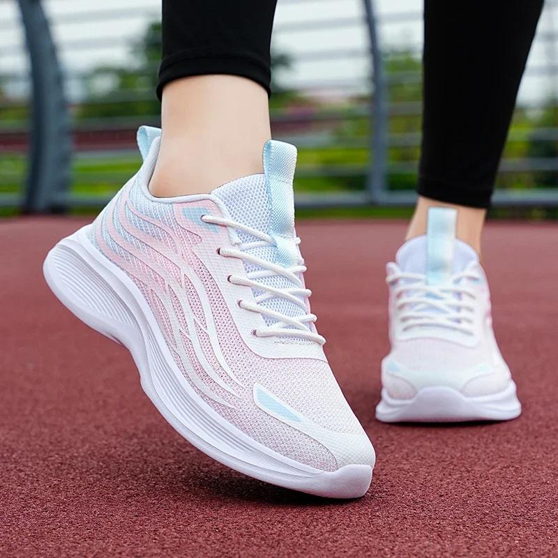 Women Breathable Soft Casual Sneakers Ladies Non-Slip Fitness Jogging Shoes Four Seasons Flying Weave Jelly Color Running Shoes