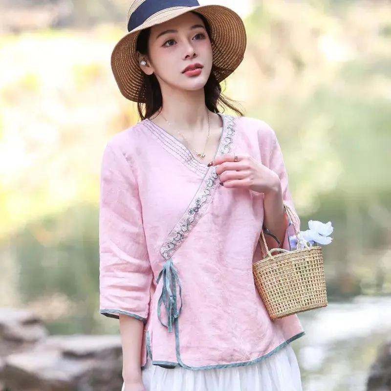 New spring and summer cotton and linen seven-quarter-sleeved diagonal placket lace-up embroidered V-neck top