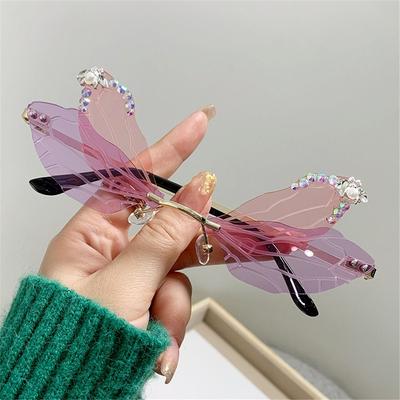 Women's Fashion Party Eyewear Irregular Shades Dragonfly Wing Sunglasses Diamond Sun Glasses Bling