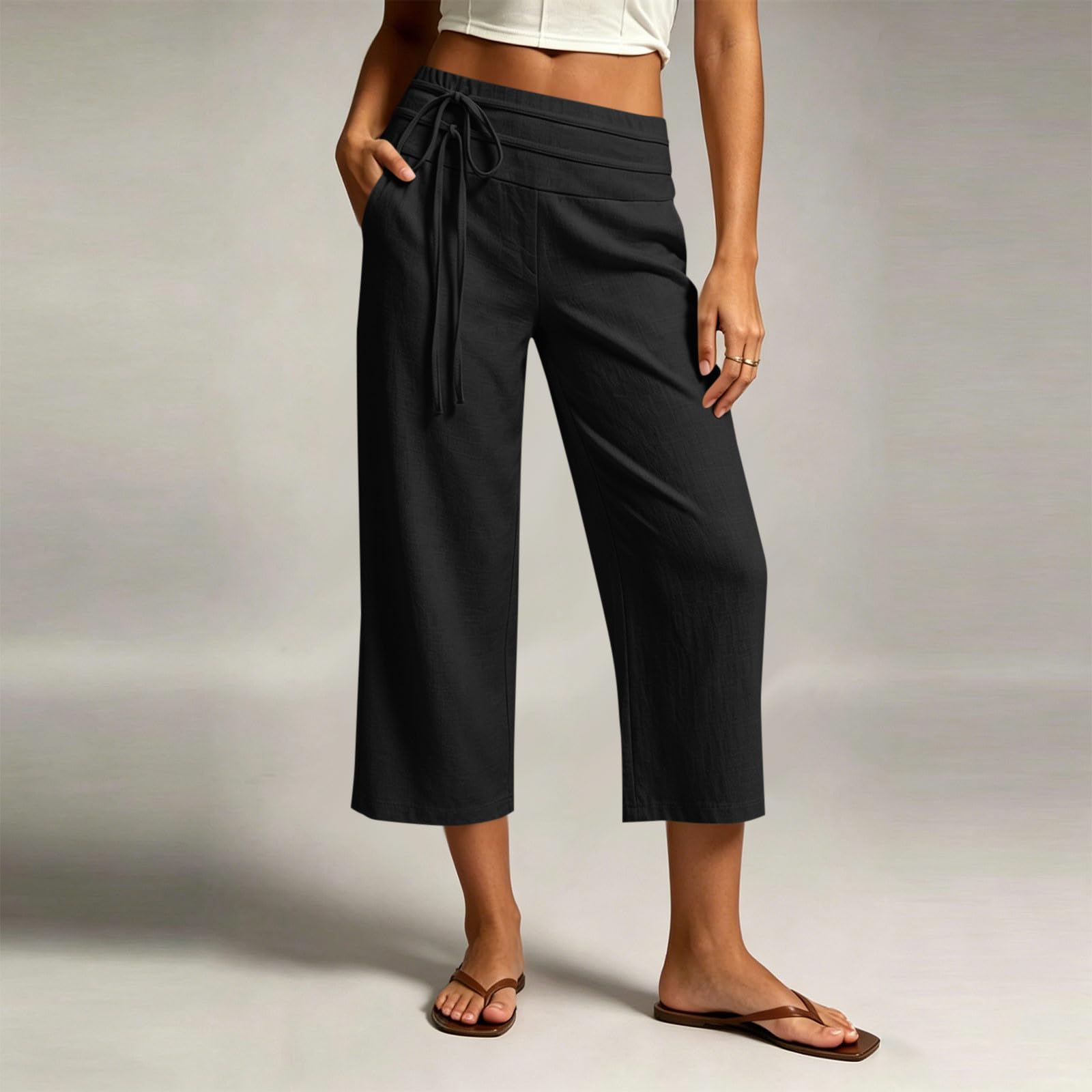 Women Casual Wide Leg Cropped Pants Elastic Waistband Drawstring Loose Fit Capri Trousers Lightweight Breathable Fabric S