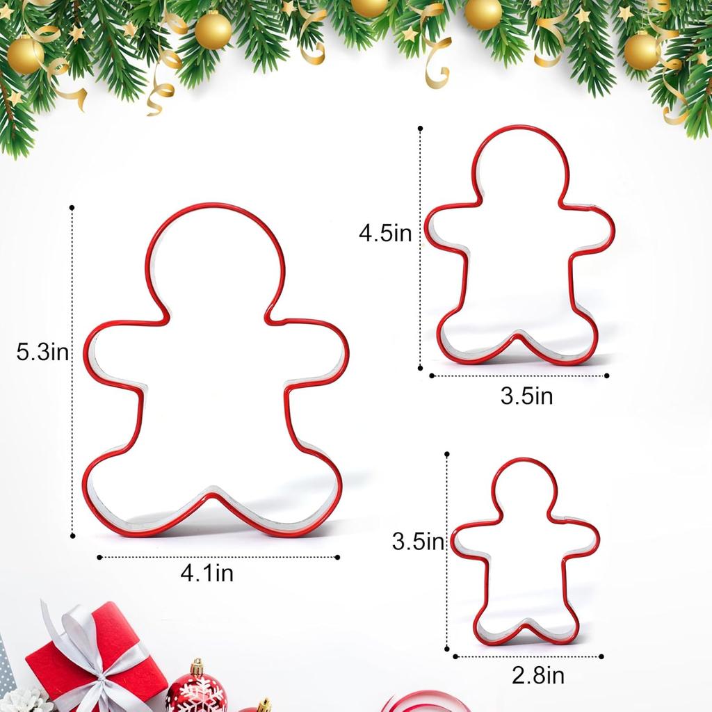 Gingerbread Man Cookie Mould Set of 3 Stainless Steel Silver Red Coated Christmas Baking Tools