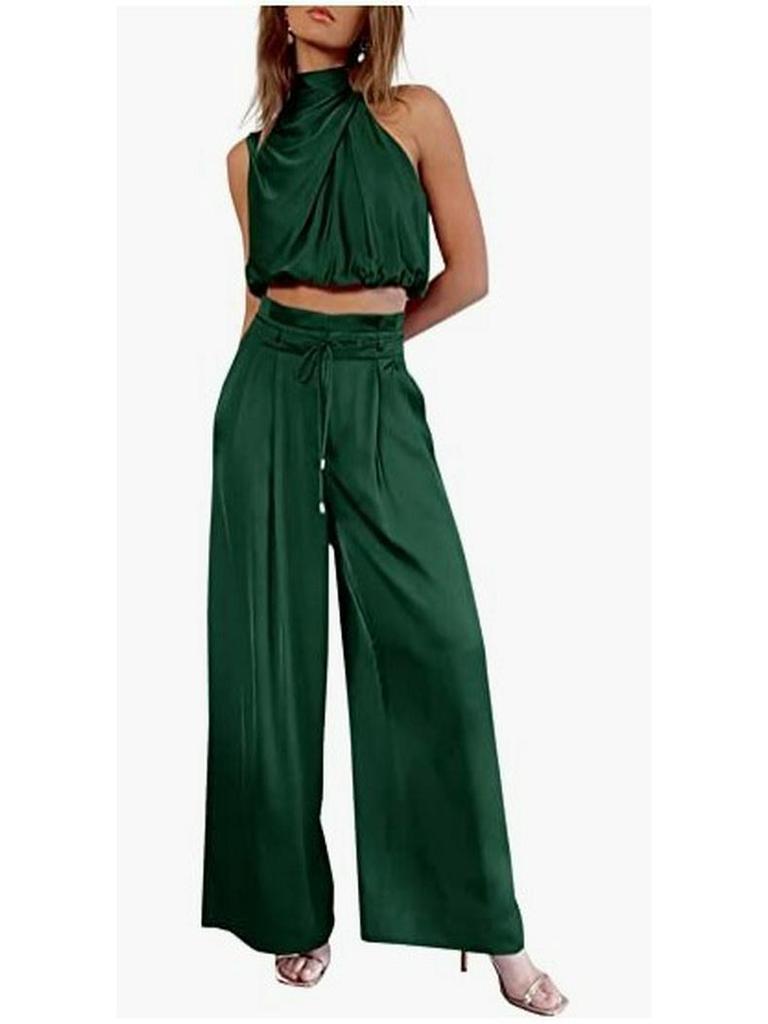 Damen Ärmelloses Stehkragen Crop Top & Weitbein Hose Set