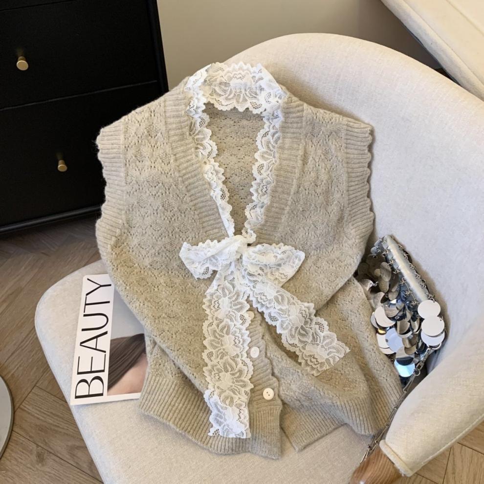 Women's Knitted Vest V-neck Lace Bow Korean Style Spring and Autumn Sweater Vest
