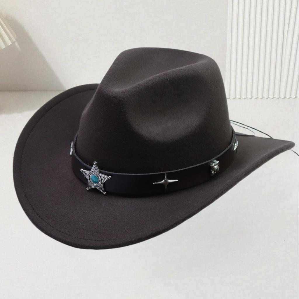 European and American Woolen Hat Women's Western Retro Cowboy Hat Men's Five-pointed Star Ethnic Style Decorative Flat Top Top Top Hat