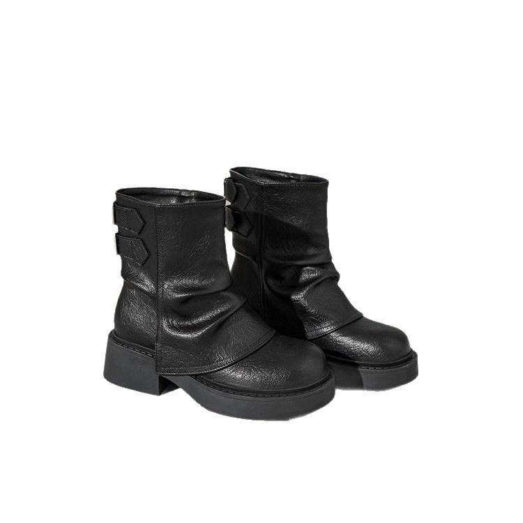 Maillard Martin boots for women's new retro short tube, new trousers, autumn and winter folds piled up thick-soled short boots for women