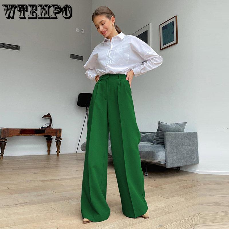 WTEMPO Blue Office Lady's Pants Loose Full Length Ladies Trousers Solid Casual High Waist Wide Leg Pants for Women
